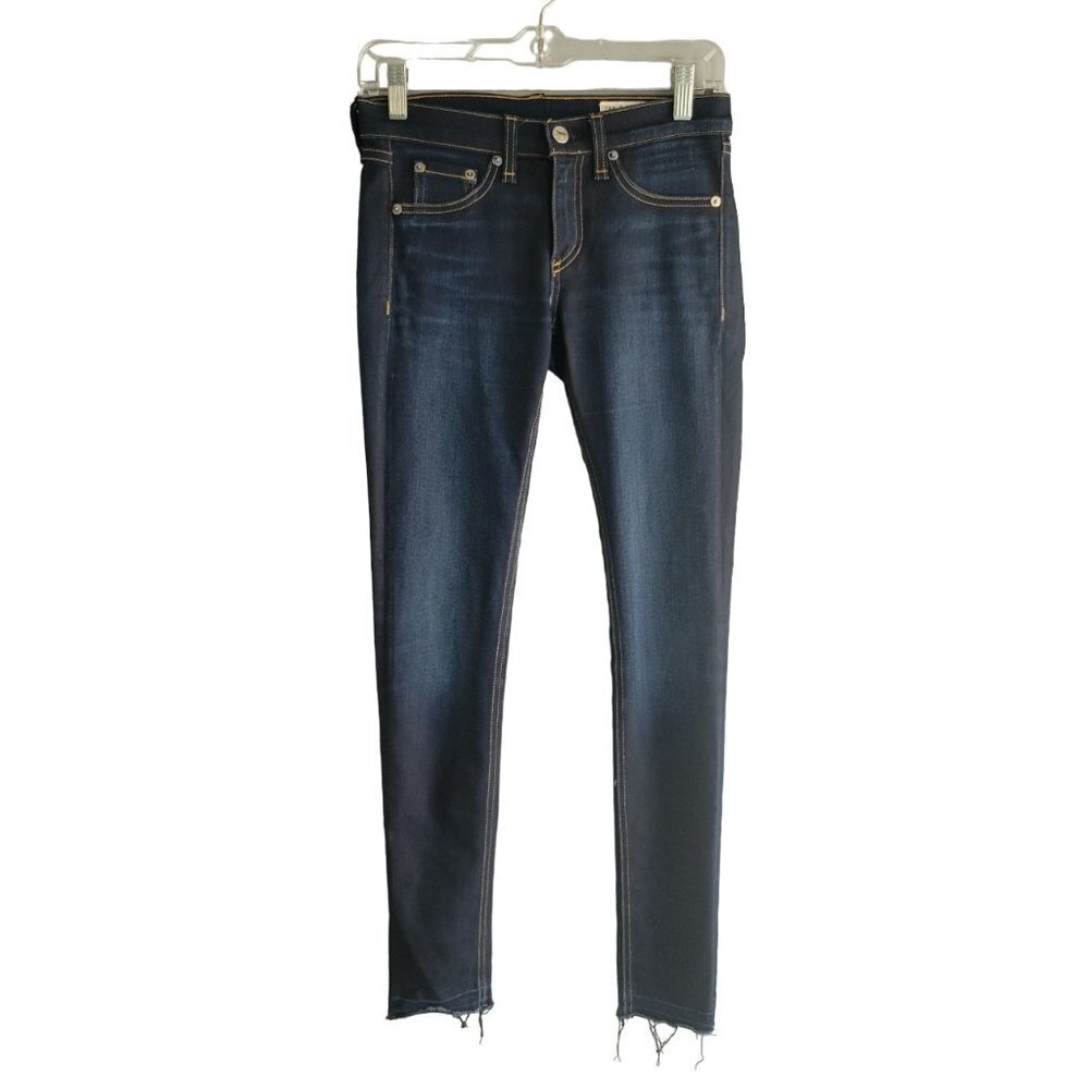 Rag and Bone Mid Rise Skinny Jeans Raw Hem Dark Wash Blue Stretch Size 26